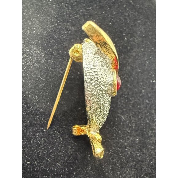 Vintage Perched Owl Brooch Pin Gold and Silver Tone Red Glass Cabochon Eyes - Picture 5 of 10